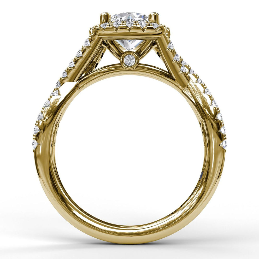 Cushion Halo With Diamond And Gold Twist Engagement Ring