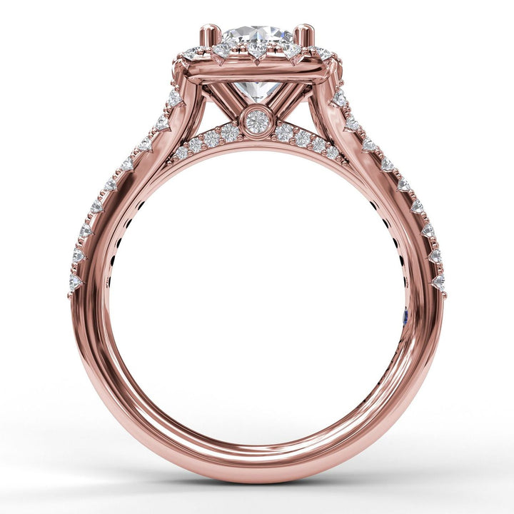 Cushion Halo Engagement Ring with a Diamond Encrusted Split Band