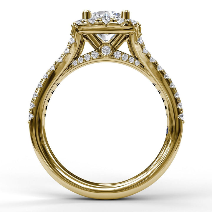 Cushion Halo Engagement Ring with a Diamond Encrusted Split Band