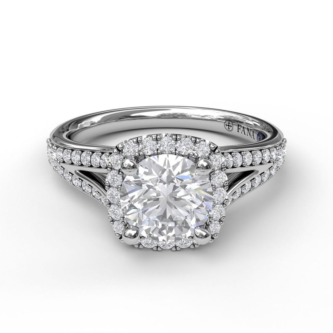 Classic Diamond Halo Engagement Ring with a Subtle Split Band