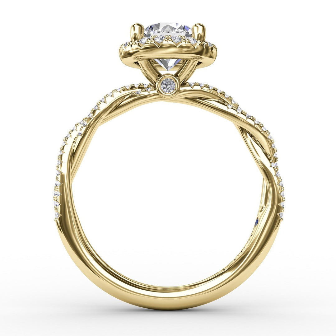Classic Round Diamond Halo Engagement Ring With Twist Diamond Band