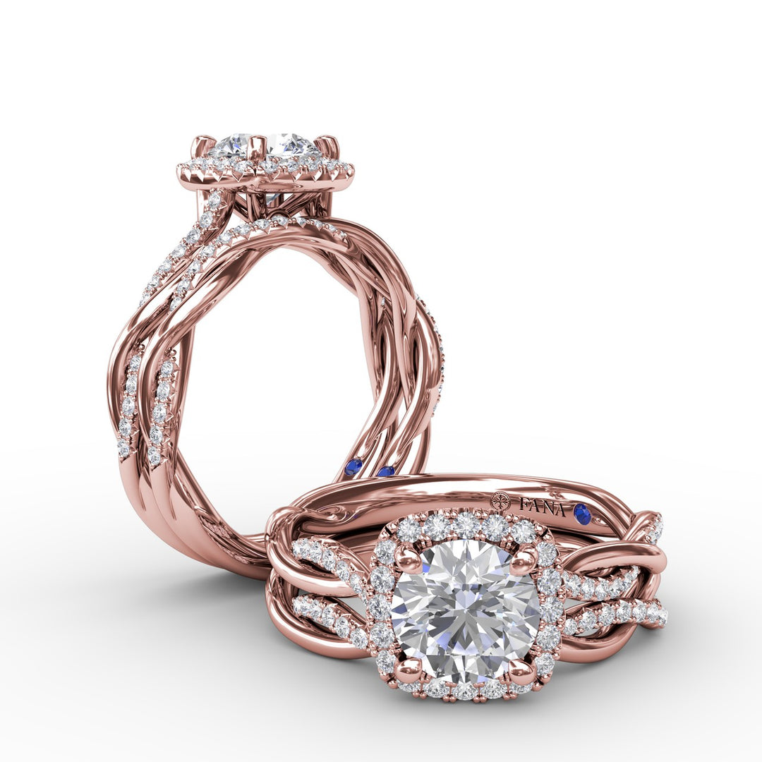 Cushion-Shaped Halo Diamond Engagement Ring With Twisted Shank
