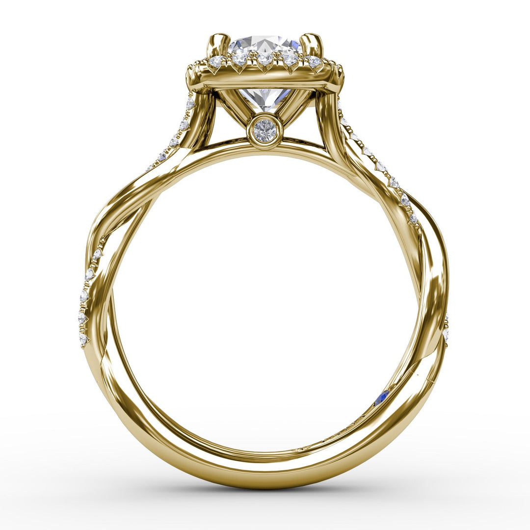 Cushion-Shaped Halo Diamond Engagement Ring With Twisted Shank
