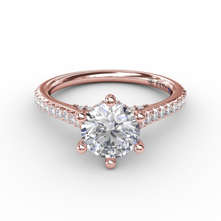 Six - Prong Round Diamond Engagement Ring with 1/2 Diamond Band