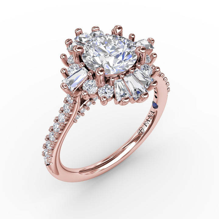 Bold Mixed Shape Diamond Halo Ballerina Style Engagement Ring With Diamond Band