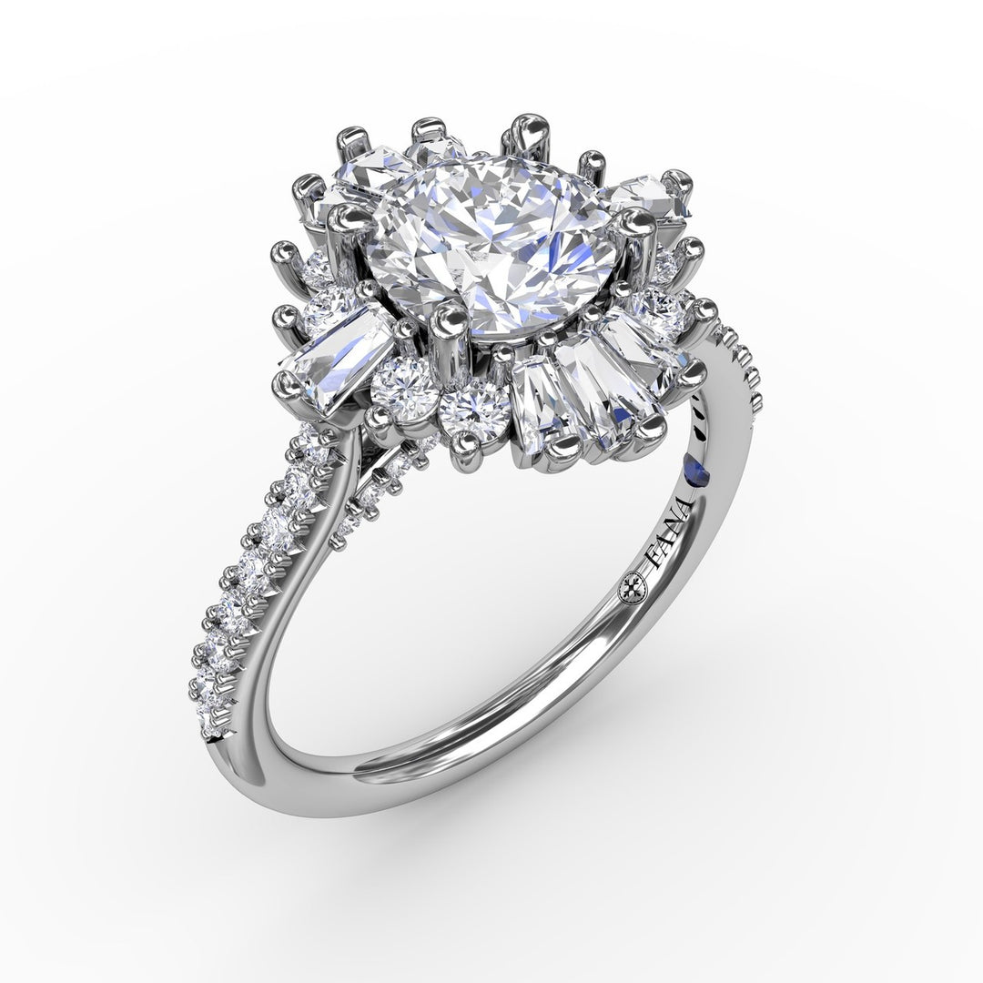 Bold Mixed Shape Diamond Halo Ballerina Style Engagement Ring With Diamond Band