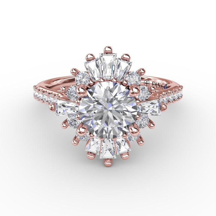 Bold Mixed Shape Diamond Halo Ballerina Style Engagement Ring With Diamond Band