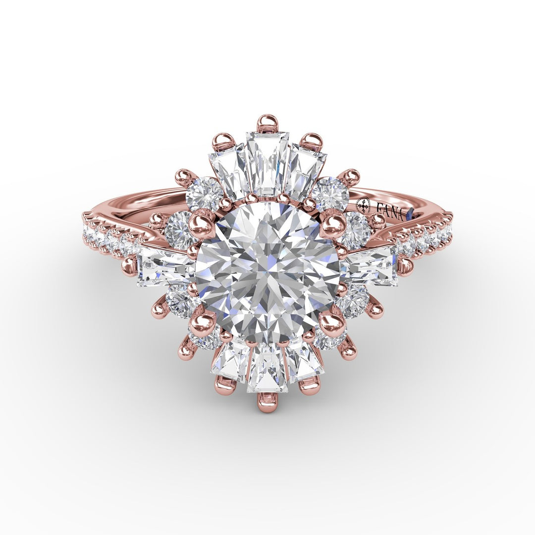 Bold Mixed Shape Diamond Halo Ballerina Style Engagement Ring With Diamond Band