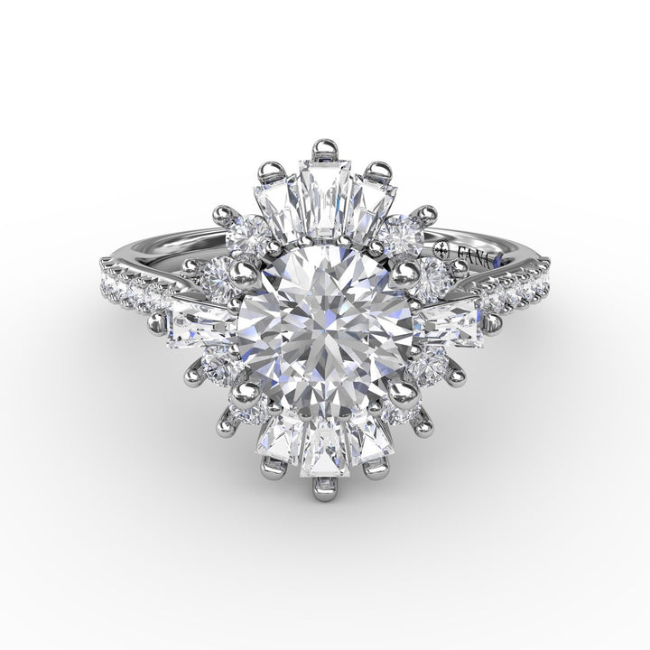 Bold Mixed Shape Diamond Halo Ballerina Style Engagement Ring With Diamond Band