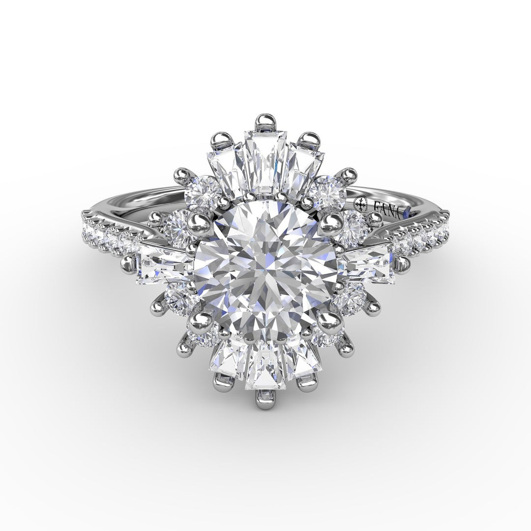 Bold Mixed Shape Diamond Halo Ballerina Style Engagement Ring With Diamond Band