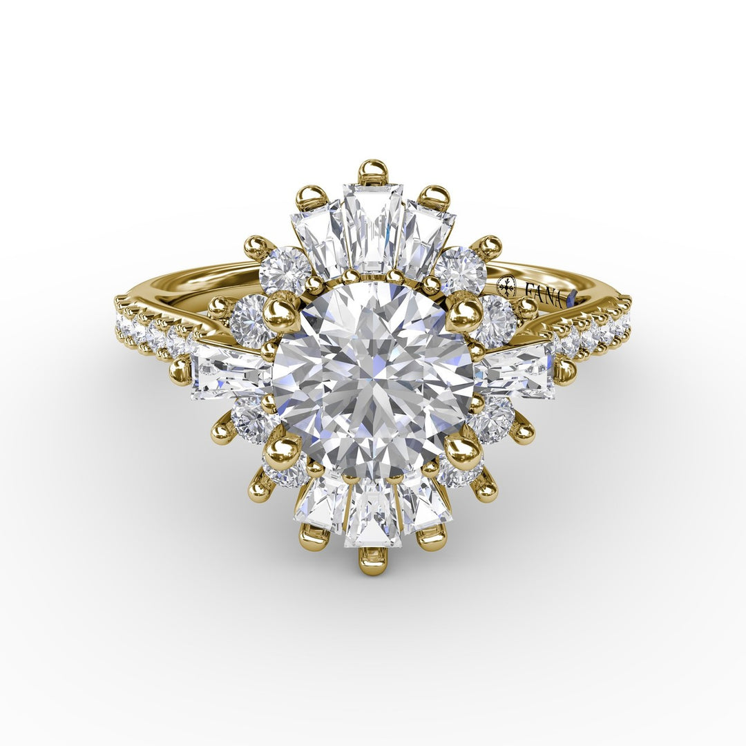 Bold Mixed Shape Diamond Halo Ballerina Style Engagement Ring With Diamond Band