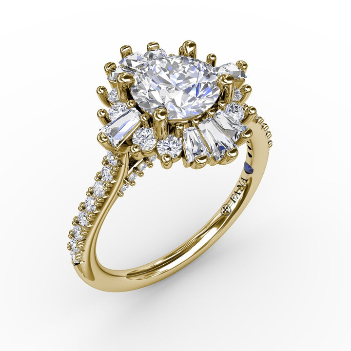 Bold Mixed Shape Diamond Halo Ballerina Style Engagement Ring With Diamond Band