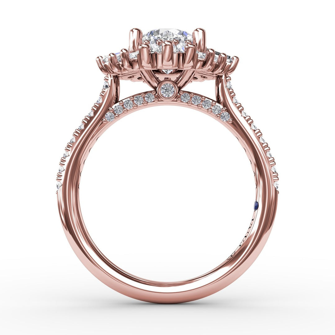 Bold Mixed Shape Diamond Halo Ballerina Style Engagement Ring With Diamond Band