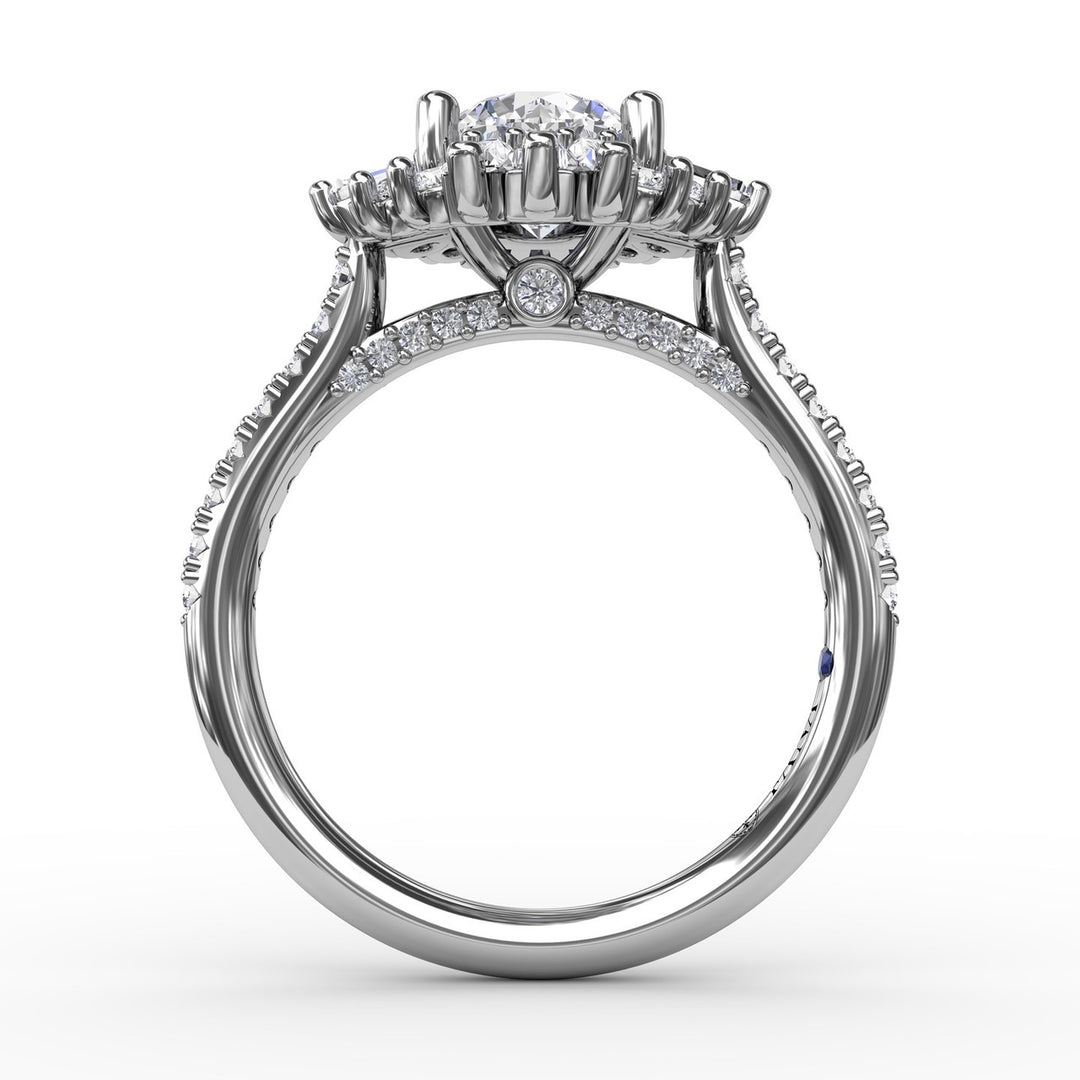 Bold Mixed Shape Diamond Halo Ballerina Style Engagement Ring With Diamond Band