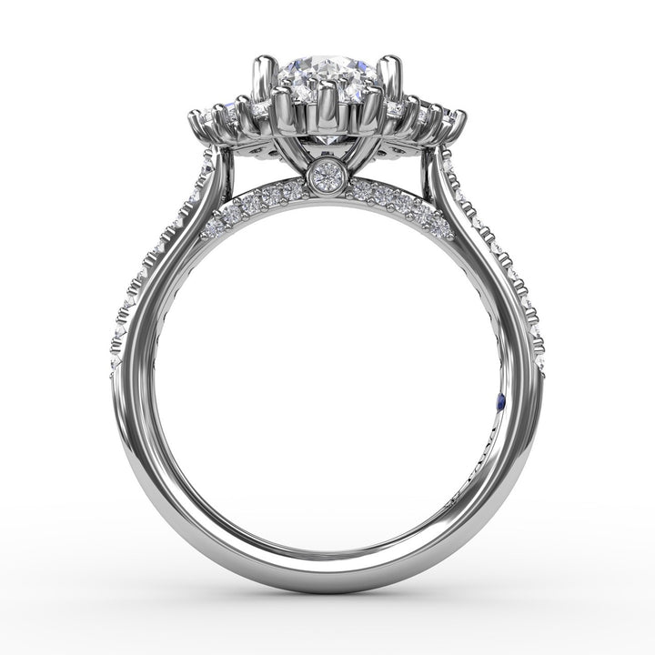 Bold Mixed Shape Diamond Halo Ballerina Style Engagement Ring With Diamond Band