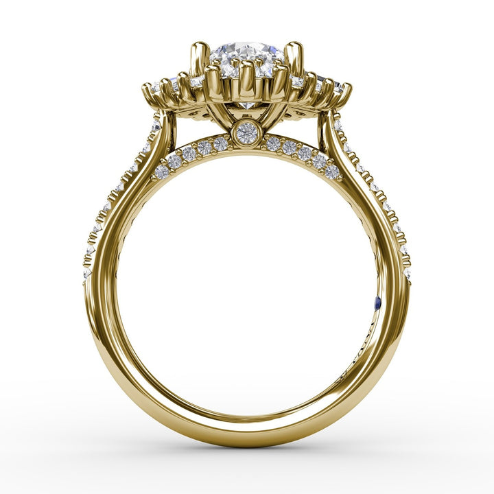 Bold Mixed Shape Diamond Halo Ballerina Style Engagement Ring With Diamond Band