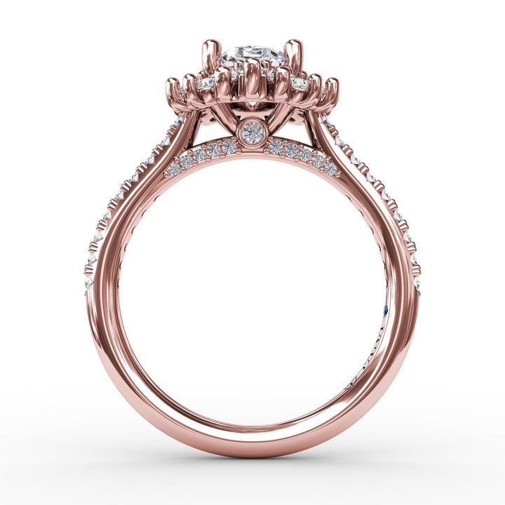 Mixed Shape Oval Diamond Halo Ballerina Style Engagement Ring