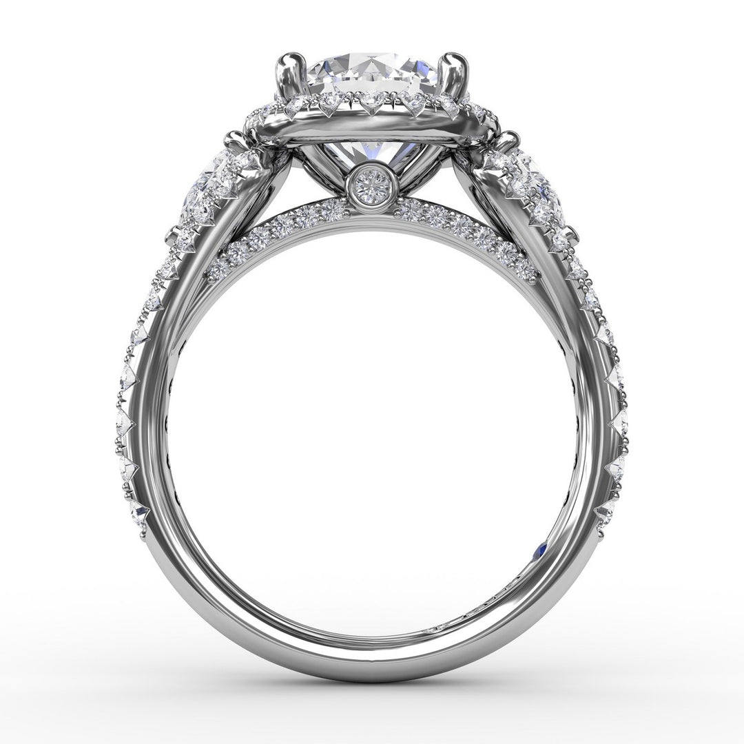 Three-Stone Round Diamond Halo Engagement Ring