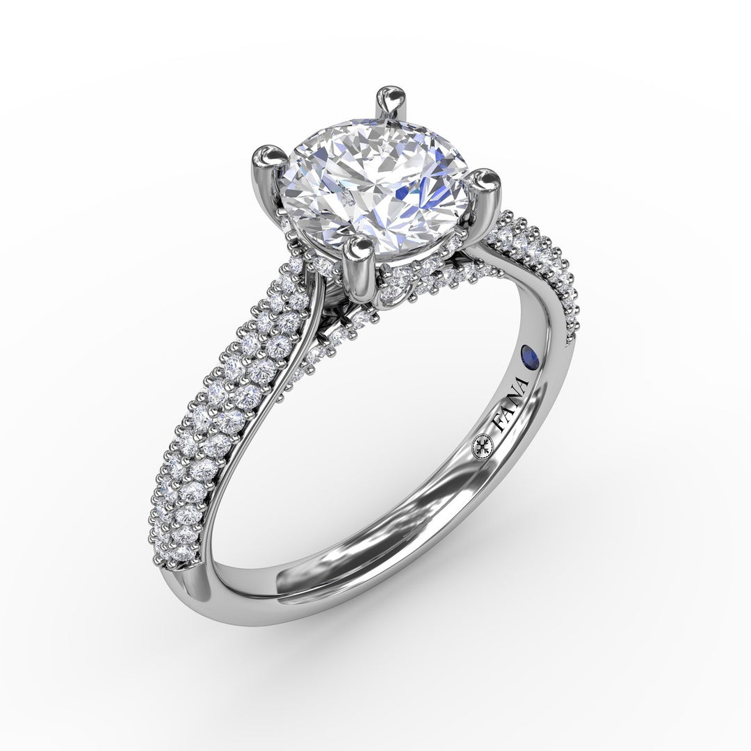 Classic Round Diamond Solitaire Engagement Ring With Double-Row Pav? Diamond Shank