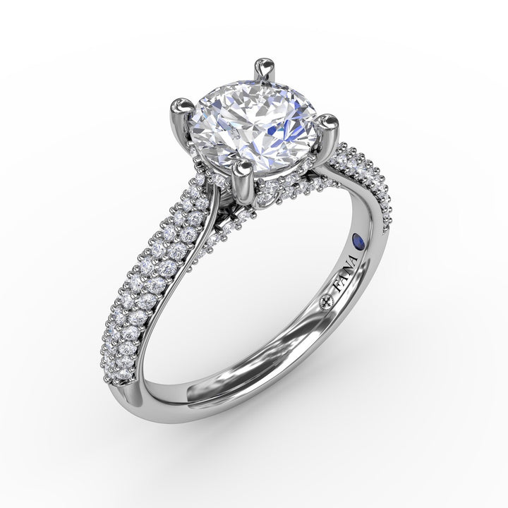 Classic Round Diamond Solitaire Engagement Ring With Double-Row Pav? Diamond Shank