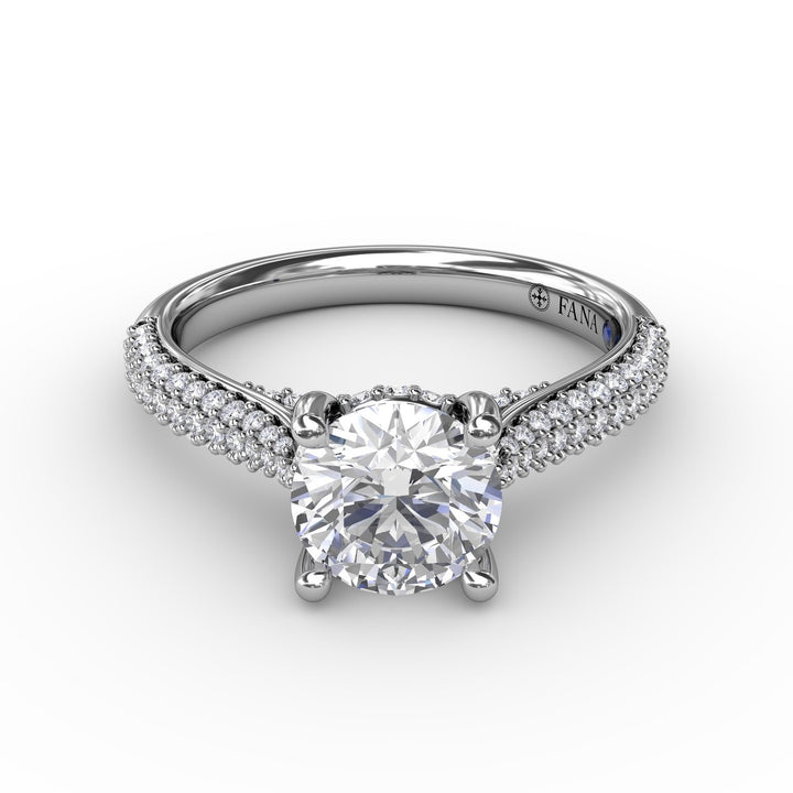 Classic Round Diamond Solitaire Engagement Ring With Double-Row Pav? Diamond Shank