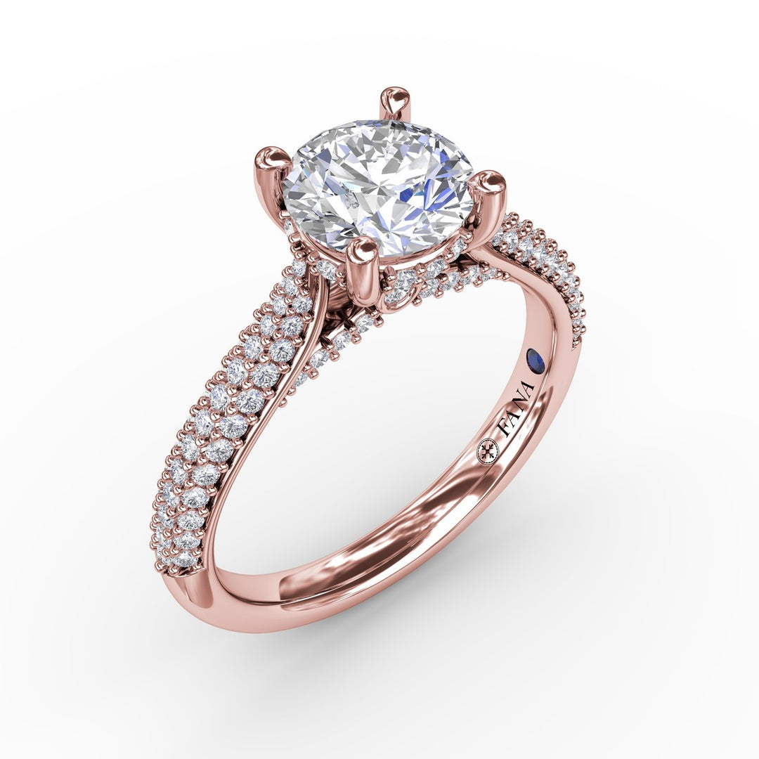 Classic Round Diamond Solitaire Engagement Ring With Double-Row Pav? Diamond Shank