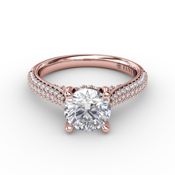 Classic Round Diamond Solitaire Engagement Ring With Double-Row Pav? Diamond Shank