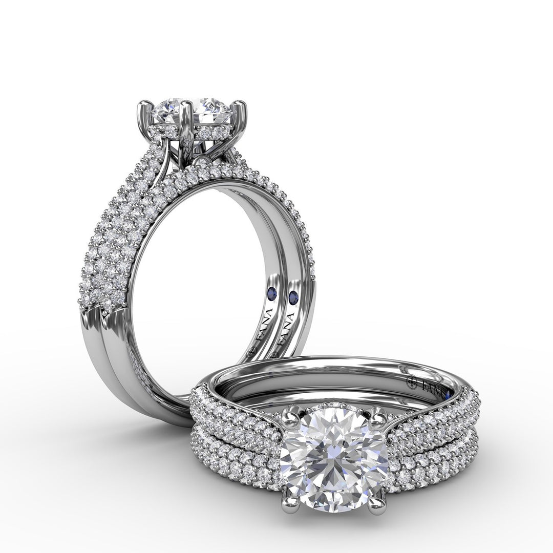 Classic Round Diamond Solitaire Engagement Ring With Double-Row Pav? Diamond Shank