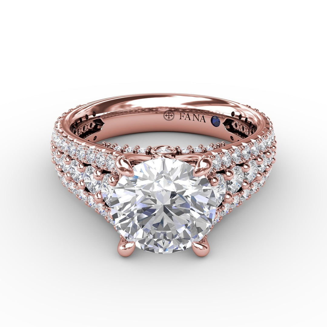 Classic Round Diamond Solitaire Engagement Ring With Triple-Row Diamond Shank
