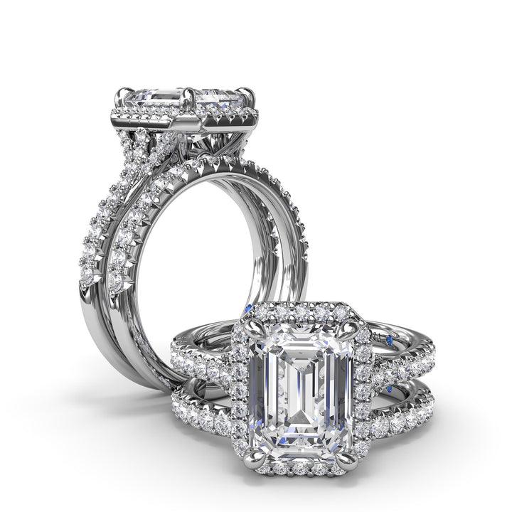 Striking Split Shank Diamond Halo Engagement Ring