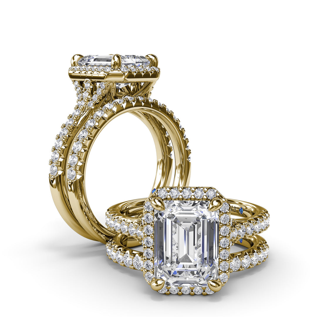 Striking Split Shank Diamond Halo Engagement Ring
