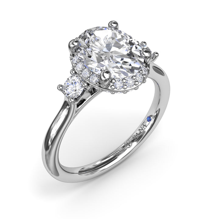 Three Stone Diamond Halo Engagement Ring