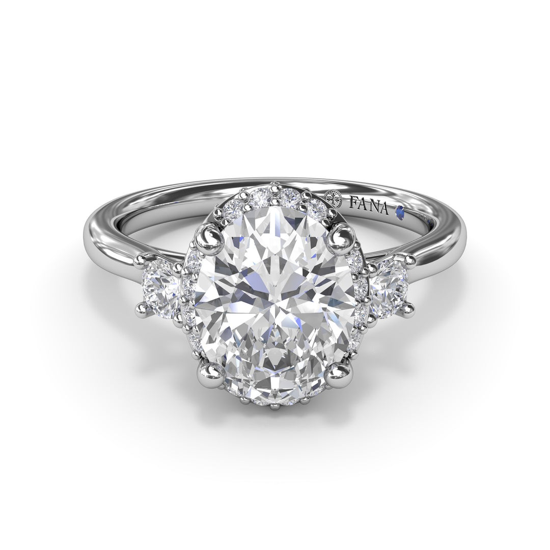 Three Stone Diamond Halo Engagement Ring