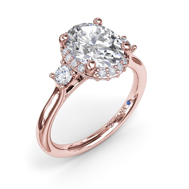 Three Stone Diamond Halo Engagement Ring