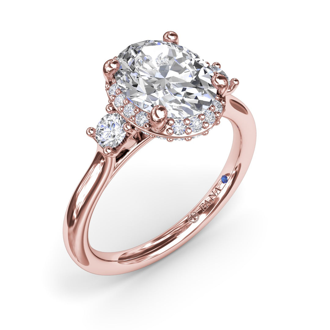 Three Stone Diamond Halo Engagement Ring