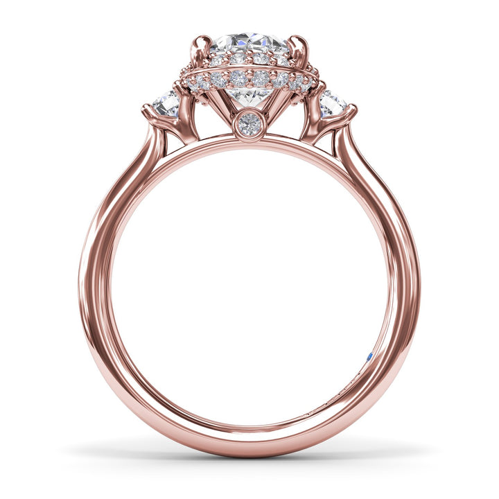 Three Stone Diamond Halo Engagement Ring