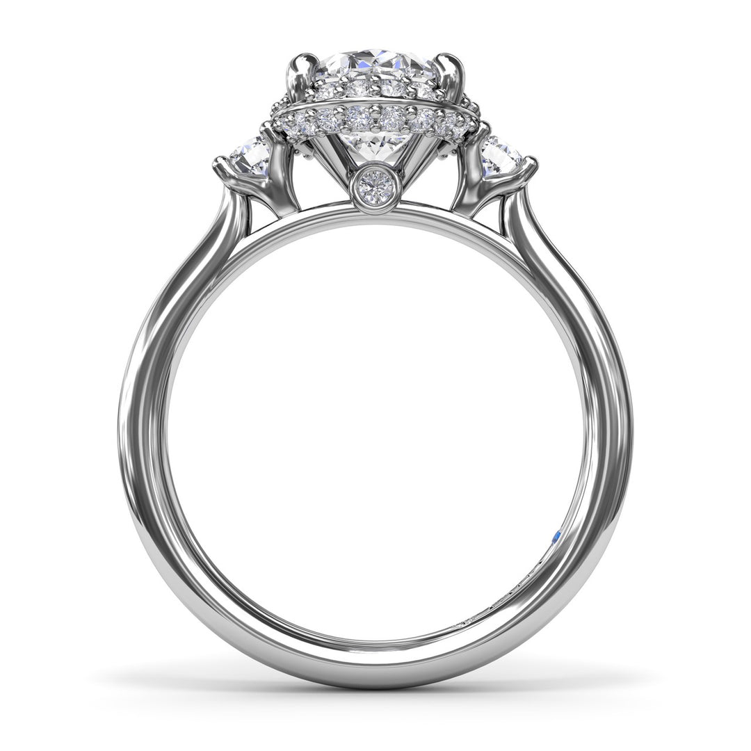 Three Stone Diamond Halo Engagement Ring
