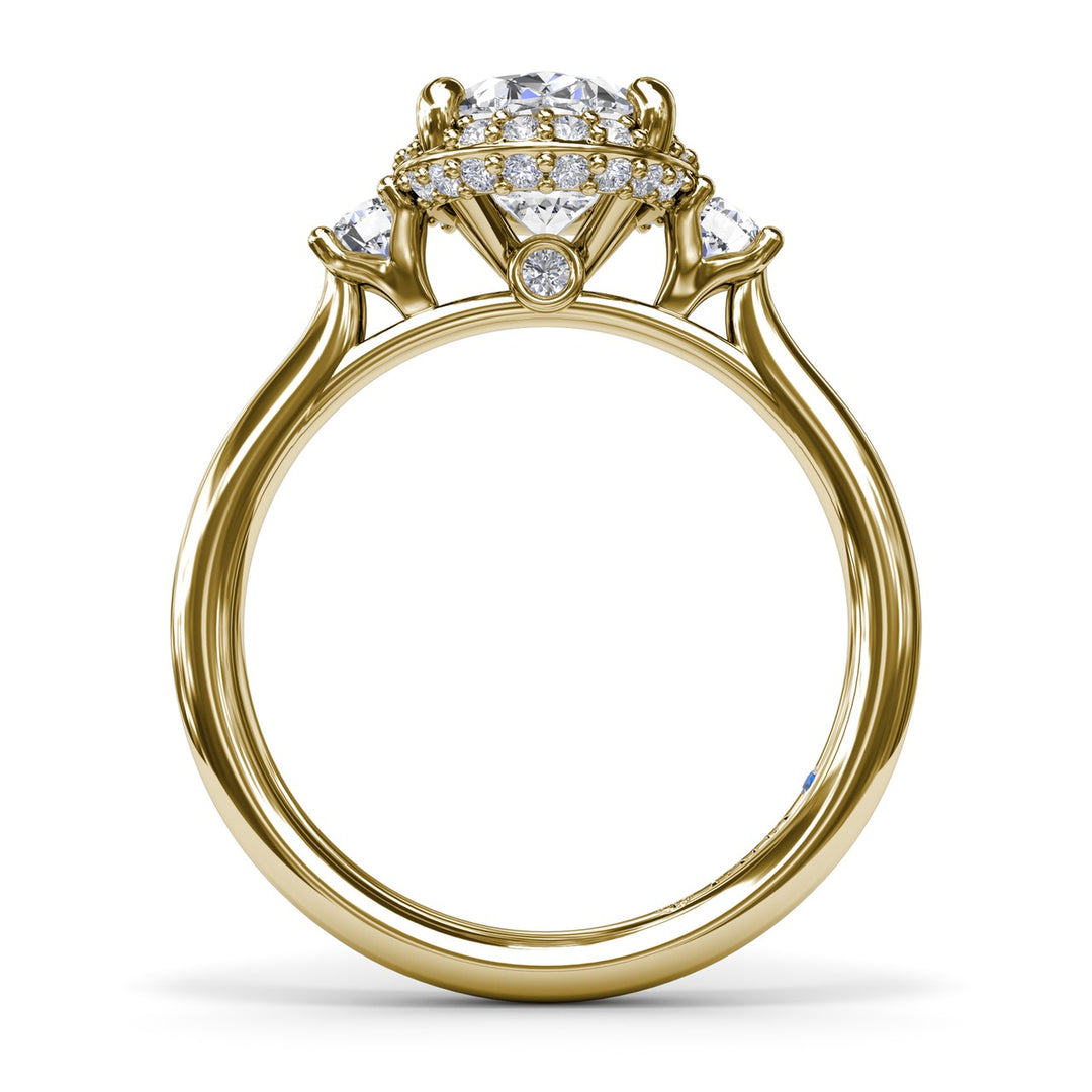 Three Stone Diamond Halo Engagement Ring