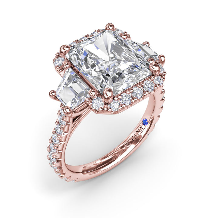 Three Stone Halo Diamond Engagement Ring