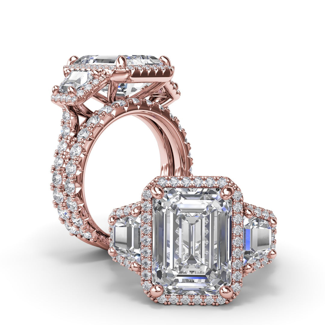 Three Stone Halo Trapezoid Engagement Ring