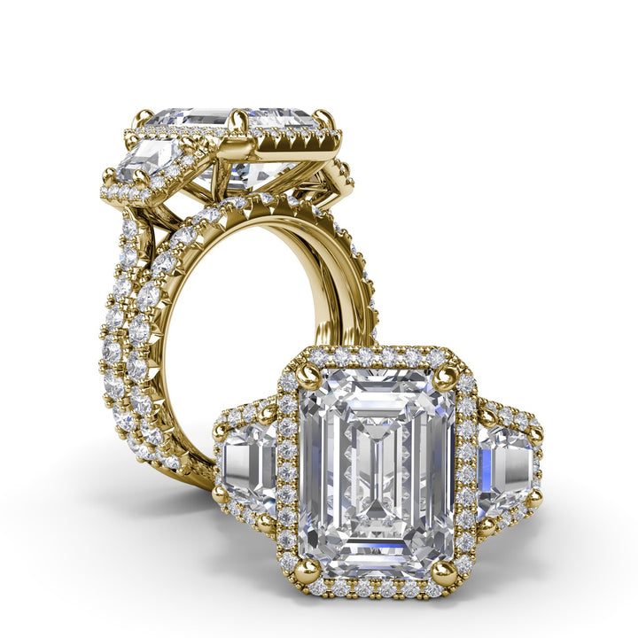 Three Stone Halo Trapezoid Engagement Ring