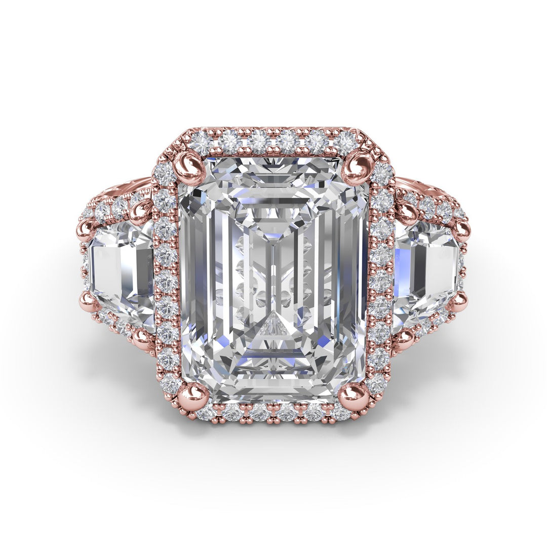 Three Stone Halo Trapezoid Engagement Ring