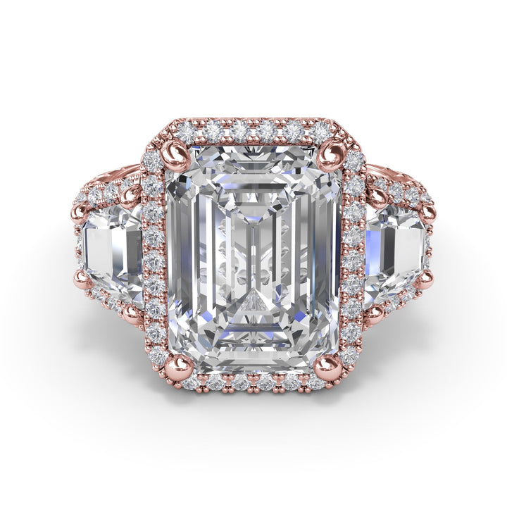Three Stone Halo Trapezoid Engagement Ring