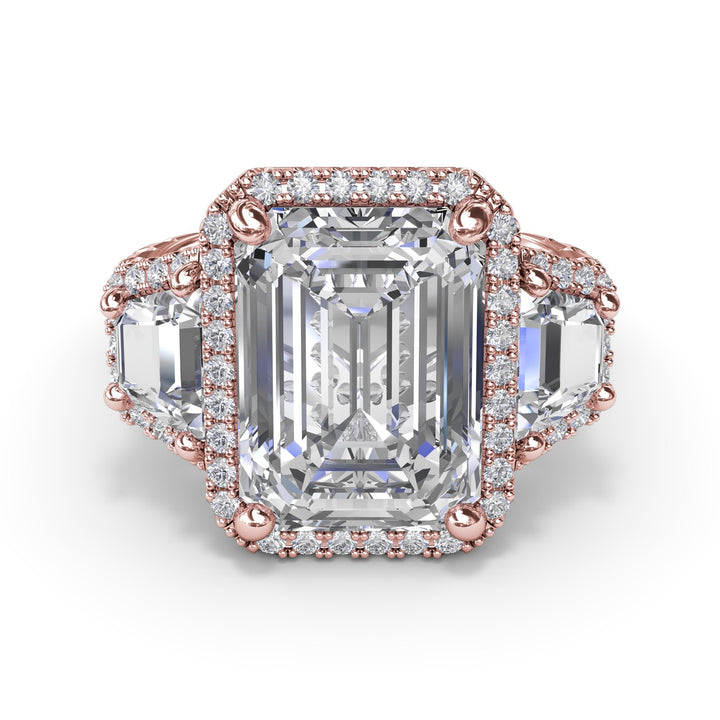 Three Stone Halo Trapezoid Engagement Ring