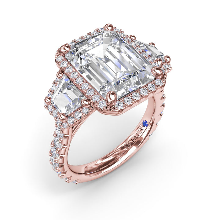 Three Stone Halo Trapezoid Engagement Ring