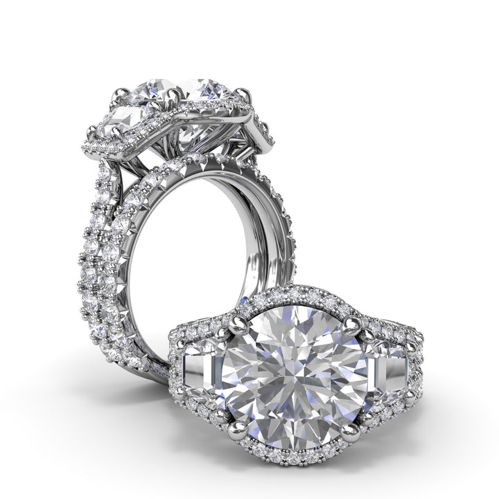 Complete Halo Three Stone Engagement Ring