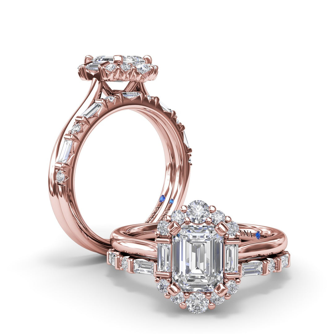 Graduated Halo Emerald Diamond Engagement Ring
