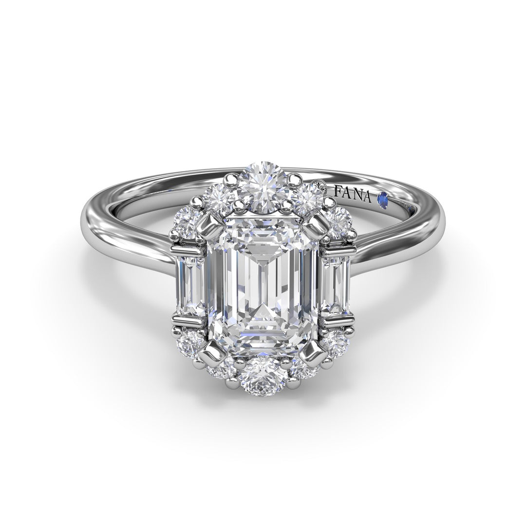 Graduated Halo Emerald Diamond Engagement Ring