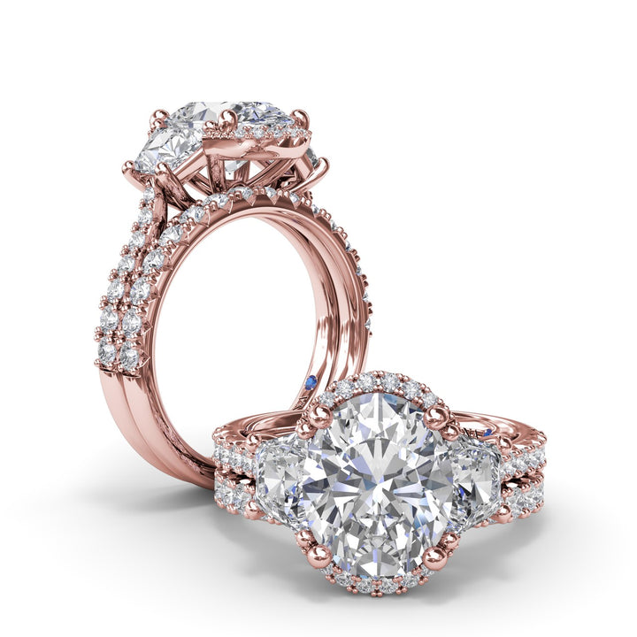 Halo Diamond Engagement Ring with Trapezoid Side Stones