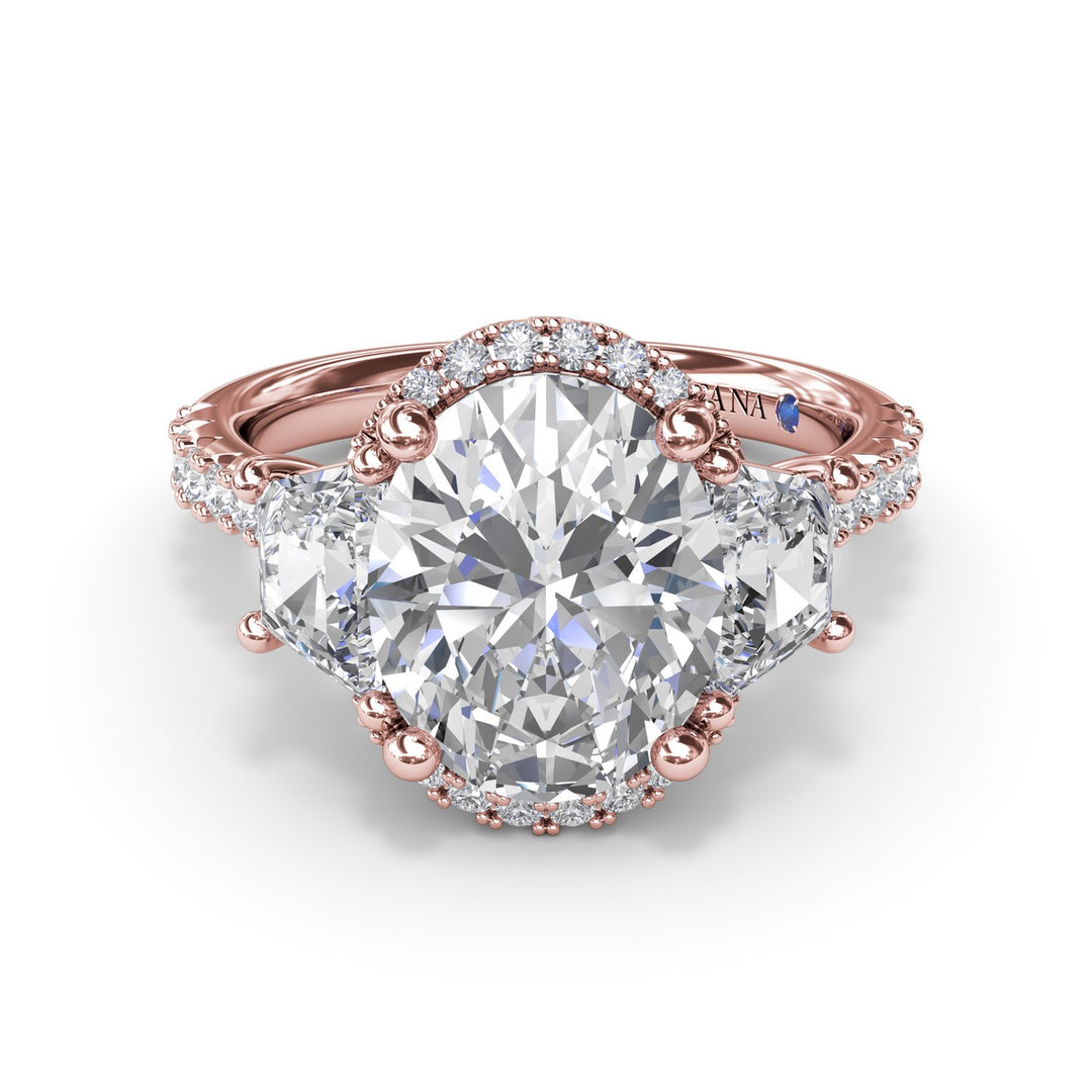 Halo Diamond Engagement Ring with Trapezoid Side Stones